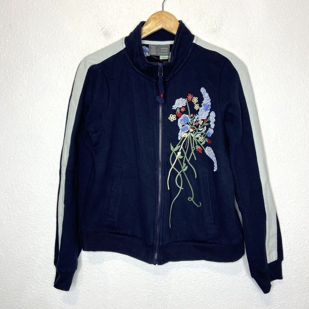 Anthropologie Navy Bomber Jacket with Floral Embroidery